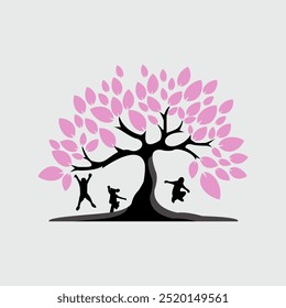 Vector graphic of a silhouette illustration of a child playing under a cool shady tree. This vector is perfect for decoration, templates, banners, wallpapers, backgrounds and business etc.
