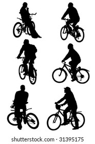 vector graphic silhouettes of people on bicycles on a white background