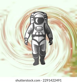 Vector graphic simple astronaut in a spacesuit on the background of a bright spiral galaxy.