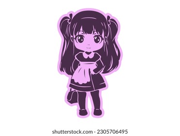 Vector graphic simple beautiful little cute kawaii girl with a handbag and in a dress on a white background. Anime sticker or icon.