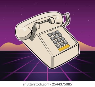 vector graphic of a simple corded telephone on a retro 1980's synthwave pop background