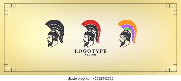 Vector graphic simple logo. Vintage portrait of roman bearded warrior in helmet with colorful crest. Emblem, label or badge. Medieval empire soldier head.