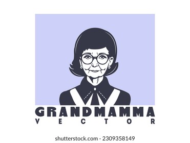 Dibujo vectorial simple retrato monocromo de una abuela linda con gafas. Mujer mayor con suéter. Fondo blanco aislado.