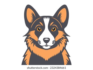 Vector graphic simple portrait of a Corgi breed dog. Cute nice doggy. White isolated background. Sticker or icon. Beautiful puppy.