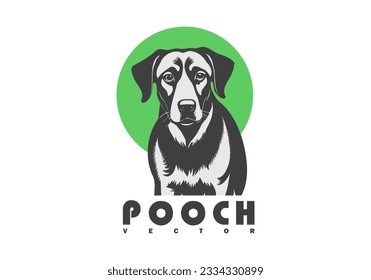 Vector graphic simple portrait of a cute smart friendly pooch dog. Beautiful devoted doggy. Green circle. Logo or sticker. White isolated background.