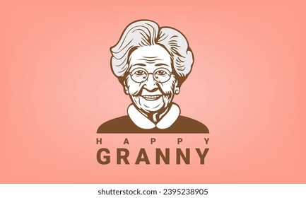 Vector graphic simple portrait of a cute beautiful happy smiling gray-haired granny in glasses on a delicate peach background. Logo, emblem or sticker.