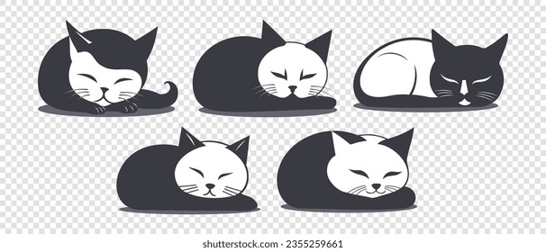 Vector graphic simple set of black and white sleeping curled up cute cats. Isolated background. Stickers or icons.