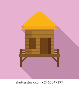 Vector graphic of a simplistic, colorful beach hut on stilts with a pink background