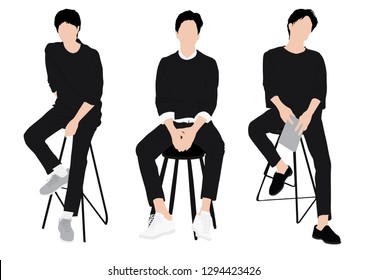 Vector graphic of sitting men in casual clothes under the white background. Group of men sitting on the chair