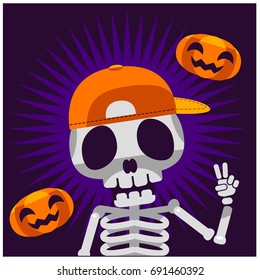 Vector Graphic Skeleton Character wearing cap with pumpkin illustration, poster