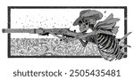 Vector graphic of a skeleton ghost dressed as a cowboy, aiming a shotgun, combining eerie and Western elements in a stylized illustration.