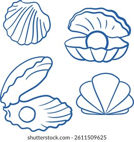 Vector graphic sketch of seashells and pearls in blue color