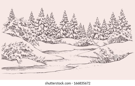 Vector graphic sketch  Winter forest landscape and snow  covered fir trees   bushes the hills near the frozen river 