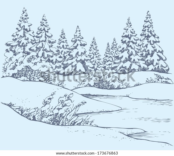 Vector Graphic Sketch Winter Forest Landscape Stock Vector Royalty Free