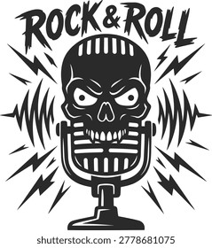 A vector graphic of a skull with a microphone, representing rock and roll music with a bold and edgy style.