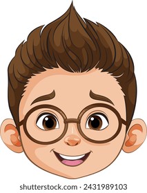 Vector graphic of a smiling boy wearing glasses.