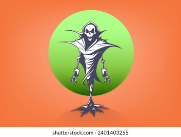 Vector graphic smiling monster with skull. Scary nightmare. Halloween poster. A threatening scarecrow.