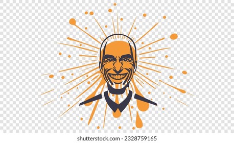 Vector graphic smiling strange frightening male face and orange blot. Unusual portrait of a man with a wide smile. Bright spots. Isolated background.