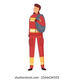 Vector graphic of a smiling woman in firefighter gear with a helmet under her arm