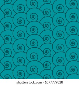 Vector graphic snails seamless pattern in green shades.