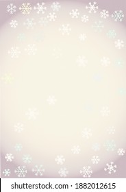 Vector graphic with snowflakes on purple  ecru background. Vertical. Snowflakes in different layers and colors.  