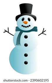 Vector graphic of a snowman with top hat. View to the front. 3D effect through lights and shadows. Turquoise scarf with fringes.