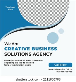 Vector graphic of social media post banner design with black, blue and white color scheme. Perfect for digital marketing agency promotion