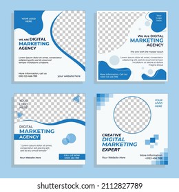 Vector graphic of social media post banner design with blue, black and white color scheme. Perfect for digital marketing agency promotion