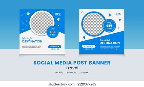 Vector graphic of social media post banner with blue, white and grey color scheme. Perfect for social media traveling agency promotion.