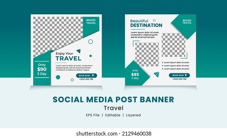 Vector graphic of social media post banner with green, white and black color scheme. Perfect for social media traveling agency promotion.