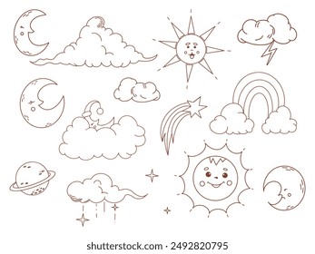 Eclipse solar gráfico de Vector establecido con sol, luna, nubes, estrellas, planeta y arco iris.