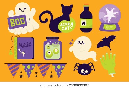 Elementos gráficos vetoriais de desenhos animados de Halloween bonitos, gráficos vetoriais de elementos de desenhos animados de Halloween bonitos - Fantasmas, Poções e Ícones Assustadores, Perfeitos para desenhos divertidos e temáticos