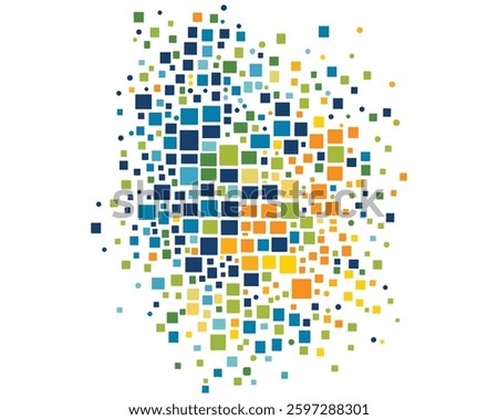 vector graphic of squares and dots in blue, green, and orange on a white background. squares should be scattered around the design, creating an abstract pattern