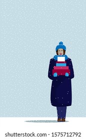 The vector graphic, the standing woman with boxes in her hands with blue snowy background, EPS10