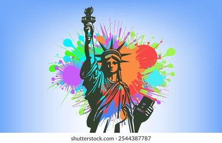 Vector graphic Statue of Liberty. American landmark. Colored rainbow spots.