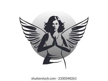 Vector graphic stencil of angel lady with wings and hairstyle. Gray circle. White isolated background.