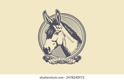 Vector graphic sticker cute donkey. Badge engraving portrait of a kind cuddly domestic artiodactyl animal. Pet head in vintage style. Light background.