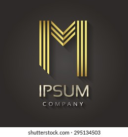 Vector graphic striped golden alphabet with sample text for your company letter - M