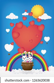 Vector graphic style, beautiful,Cute cartoon,Rabbits on the Hot air balloon.