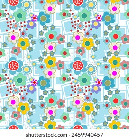 Vector graphic style flowers in bright colors on a blue, white background, seamless pattern. Used for wallpaper, gift wrapping paper, textiles.