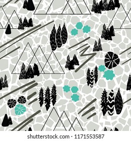 Vector graphic style mountain scene repeat seamless pattern background with a cracked soil texture. Gorgeous on fabric, wallpaper, gift wrap, for home decor, apparel, stationery, packaging 