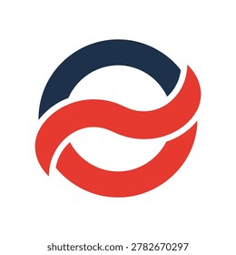 Vector graphic of a stylized abstract symbol with intertwined red and blue curved shapes forming a circular logo on a white background.