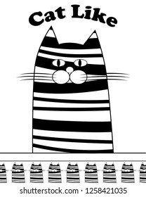 Vector graphic stylized drawing with the image of a striped cat and seamless coupon ornament, can be used in the form of a print for clothing, baby clothes and other products