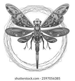 Vector graphic stylized monochrome image of a dragonfly