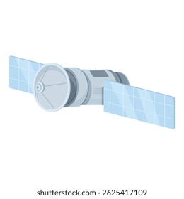 Gráfico vetorial de um satélite estilizado com painéis solares, isolado sobre um fundo branco