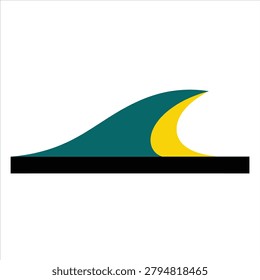 Vector graphic of a stylized wave cresting over a black base, with a teal green wave and bright yellow underside on a white background, conveying motion and energy.