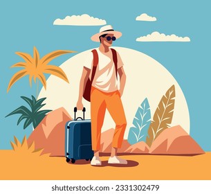 Vector graphic summer flat style tourism man no face goes on vacation walking in a hat on the beach with a suitcase walk on the sea beach nature tropics exotic flat illustration