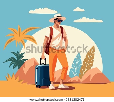Vector graphic summer flat style tourism man no face goes on vacation walking in a hat on the beach with a suitcase walk on the sea beach nature tropics exotic flat illustration