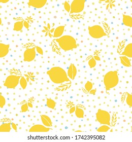 Vector graphic summer lemon citrus dot pattern. Geometric modern summer repeating design. Hand drawn bright citrus fruit pattern with leaf and blossom on dotted background. Classy simple summer