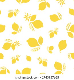 Vector graphic summer lemon citrus pattern. Geometric modern summer repeating design. Hand drawn bright citrus fruit pattern with leaf and blossom on white background. Classy simple summer backdrop.